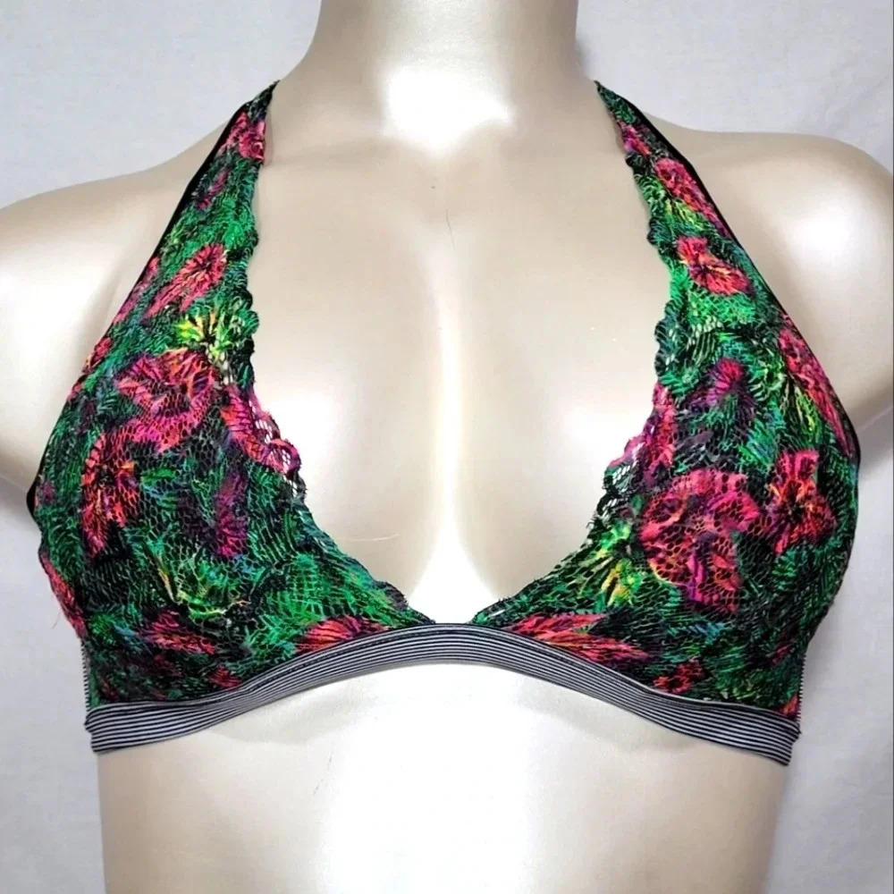 LARGE Xhilaration‎ Wire Free Lace Plunge Bra Bralette Tropical Print NWT  New